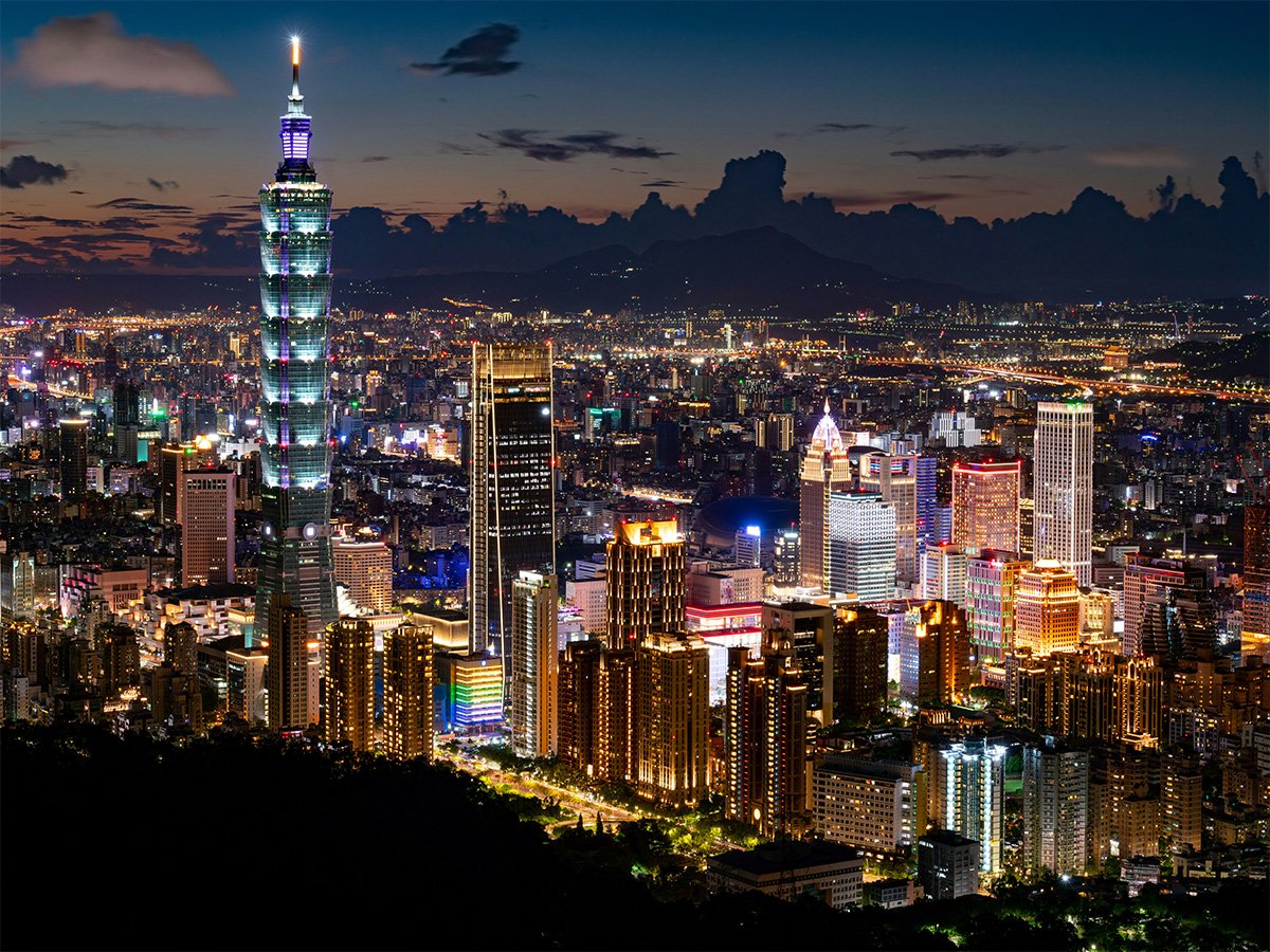 Taipei skyline at dusk with illuminated Taipei 101, Taiwan